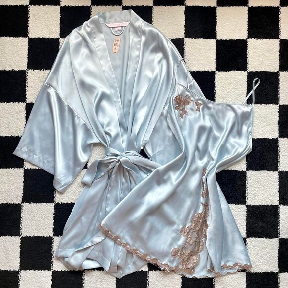 Victoria's Secret Other - Victoria’s Secret Blue Satin Slip and Robe Set M